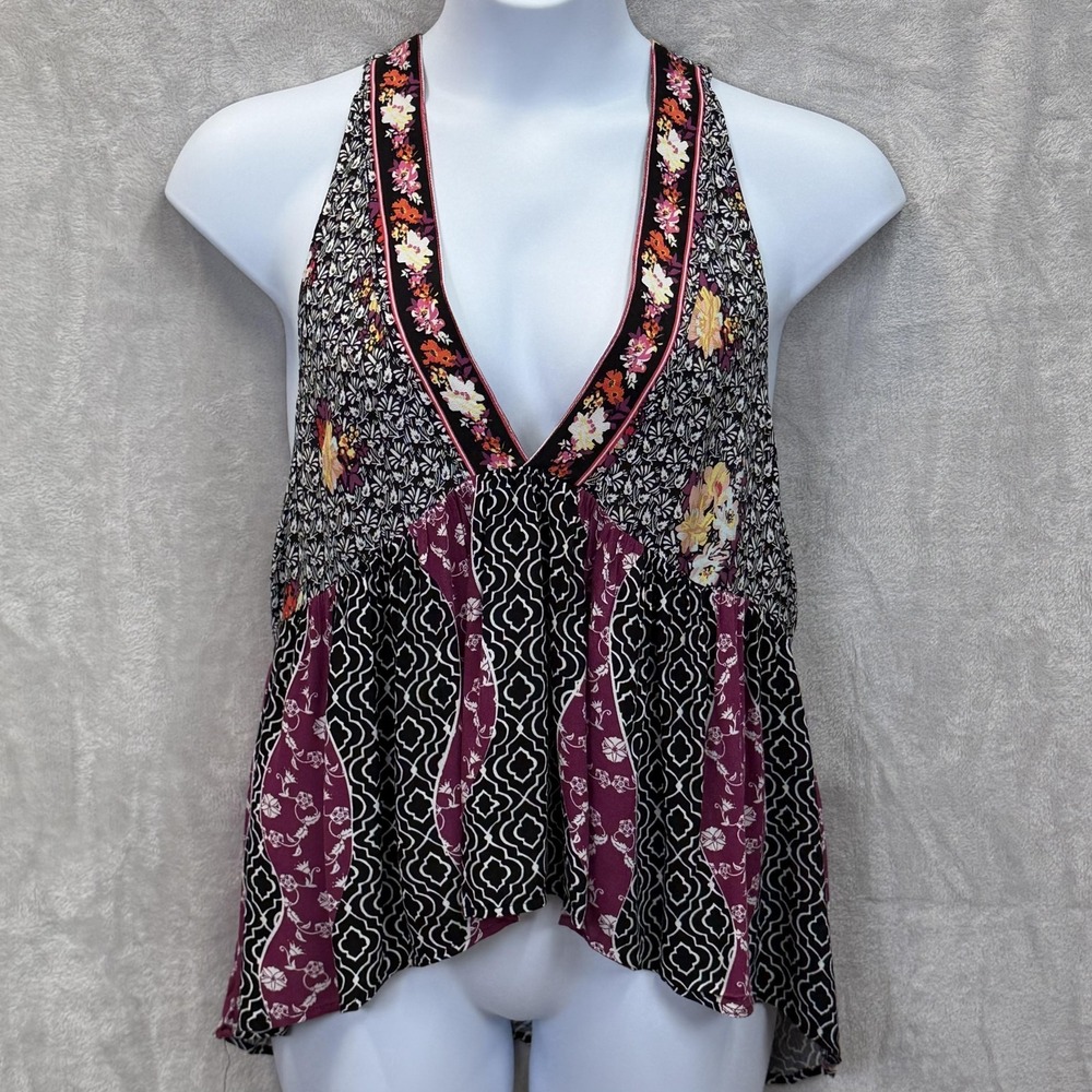 Free People Dream Darlin' Tank Womens L Black Floral Camisole V-Neck Rayon - Picture 2 of 8